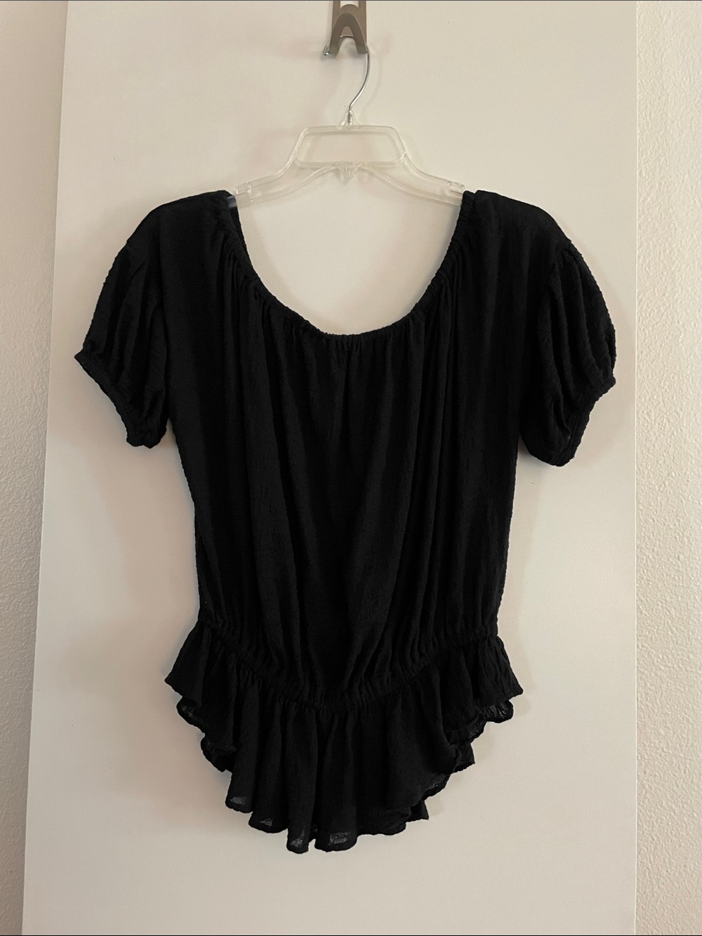 Black Cotton Blend Wide Elastic Neck & Waist Short Sleeve Top Blouse